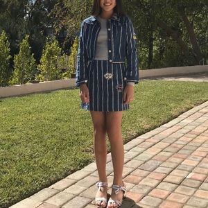 Cute denim patchwork crop jacket and skirt set